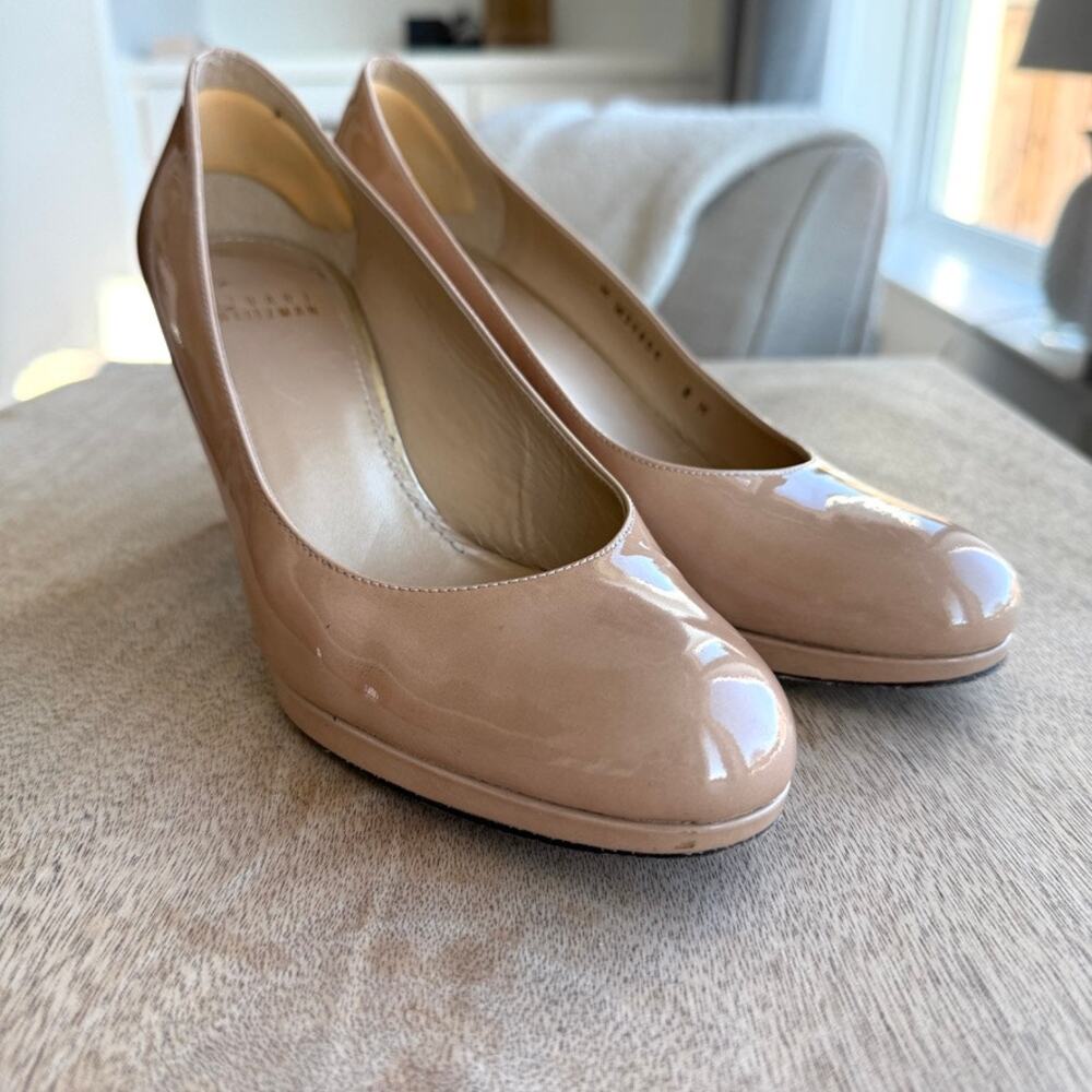 Stuart Weitzman Patent Leather Pumps Nude Beige‎ 3” Heel Round Toe Classic 8